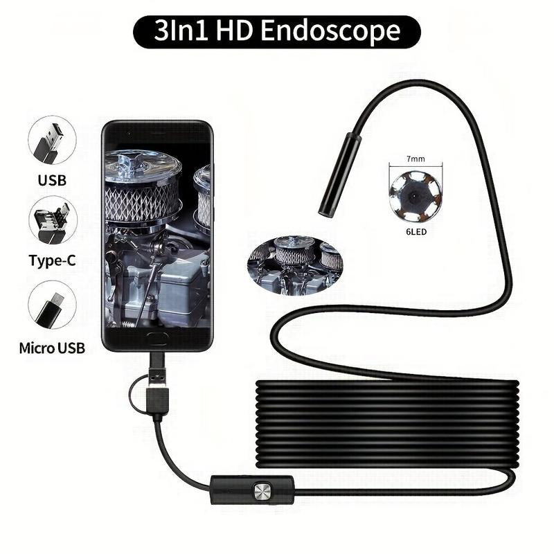 Industrial Endoscope, 1 Count 3 in 1 Type-C USB HD Inspection Camera, Waterproof Tube Sink Drain Pipe Camera, Adjustable Brightness Borescope Camera