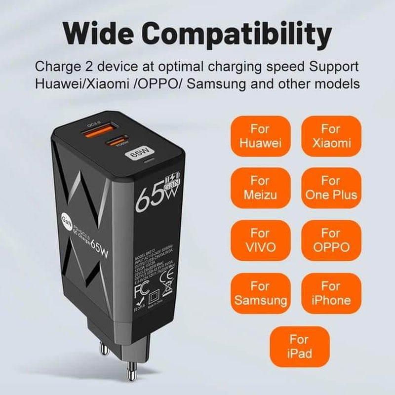 GAN 65 USB Type C Charger Fast Charging Typec Quick Charge3.0 Wall Power Adapter